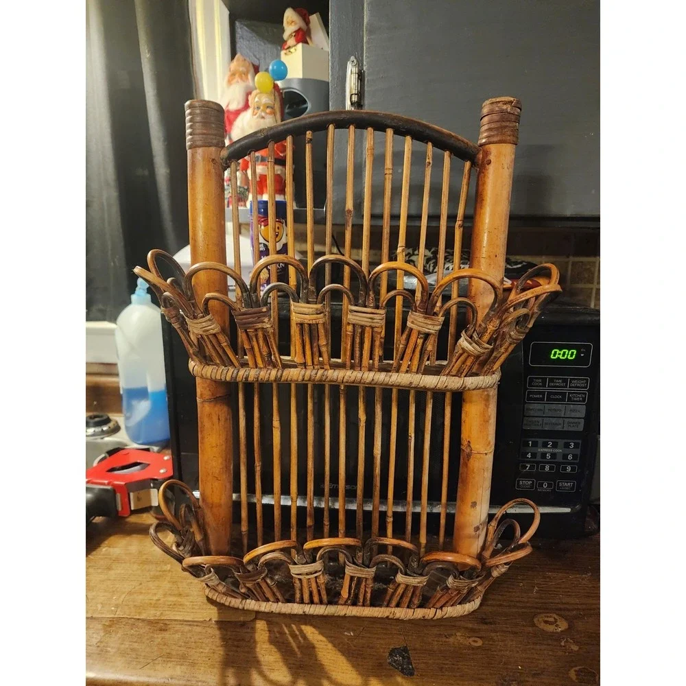 Vintage Large Bamboo Wall Hanging Rack Shelf, Rare Magazine Rack MCM‎ 1960s